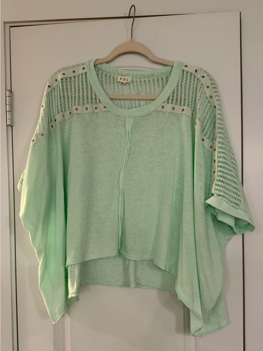 POL Light Mint Crochet-Panel Boxy Top